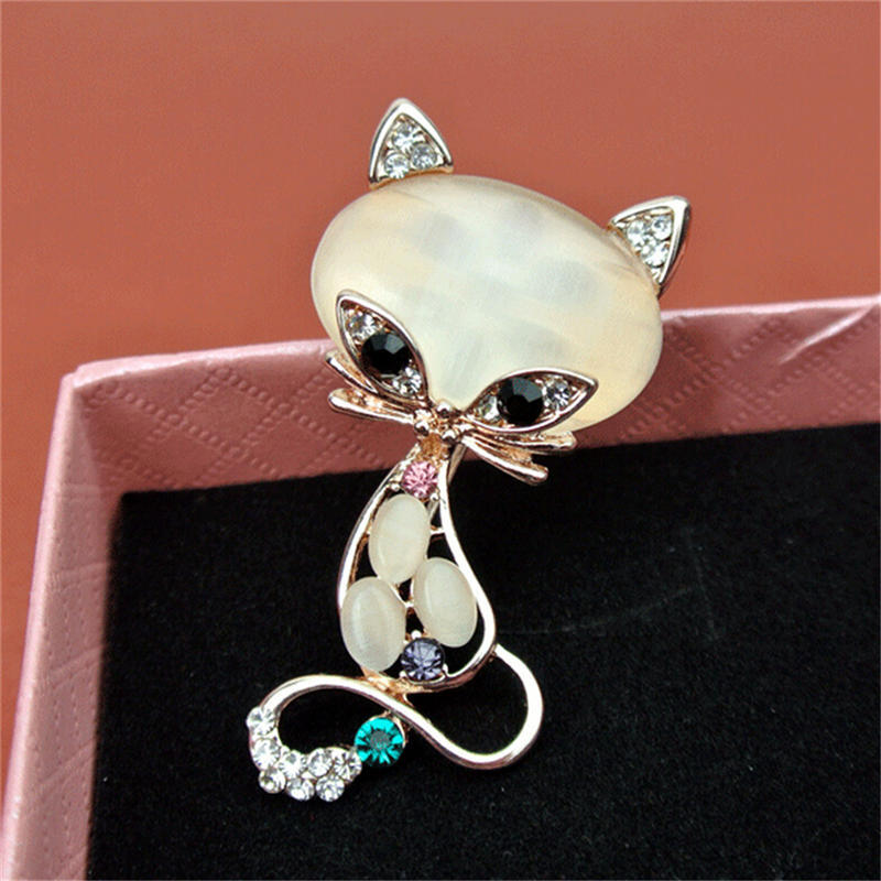 Opal Stone Fox Brooches Womens Cute Animal Pin Brooch Jewelry