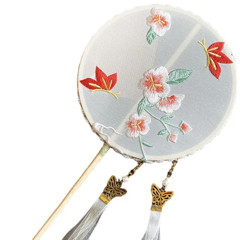 New Style Embroidered Fan with Ribbon, Original Embroidered Finished Product, Round Fan, Photography Prop, Dance Accessory