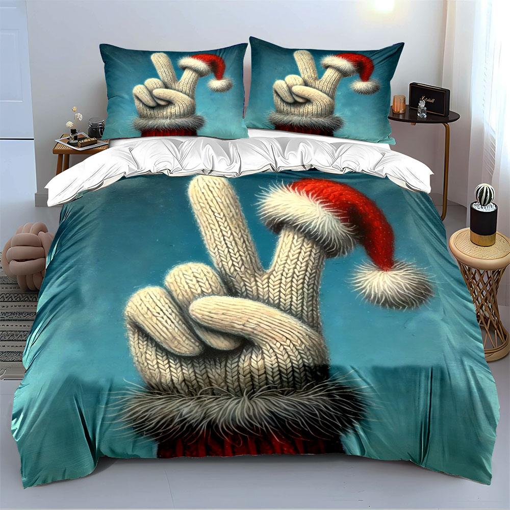 Christmas Glove Peace Gesture Bedding Duvet Cover Set (1*Duvet Cover 2*Pillowcases, without duvet insert)