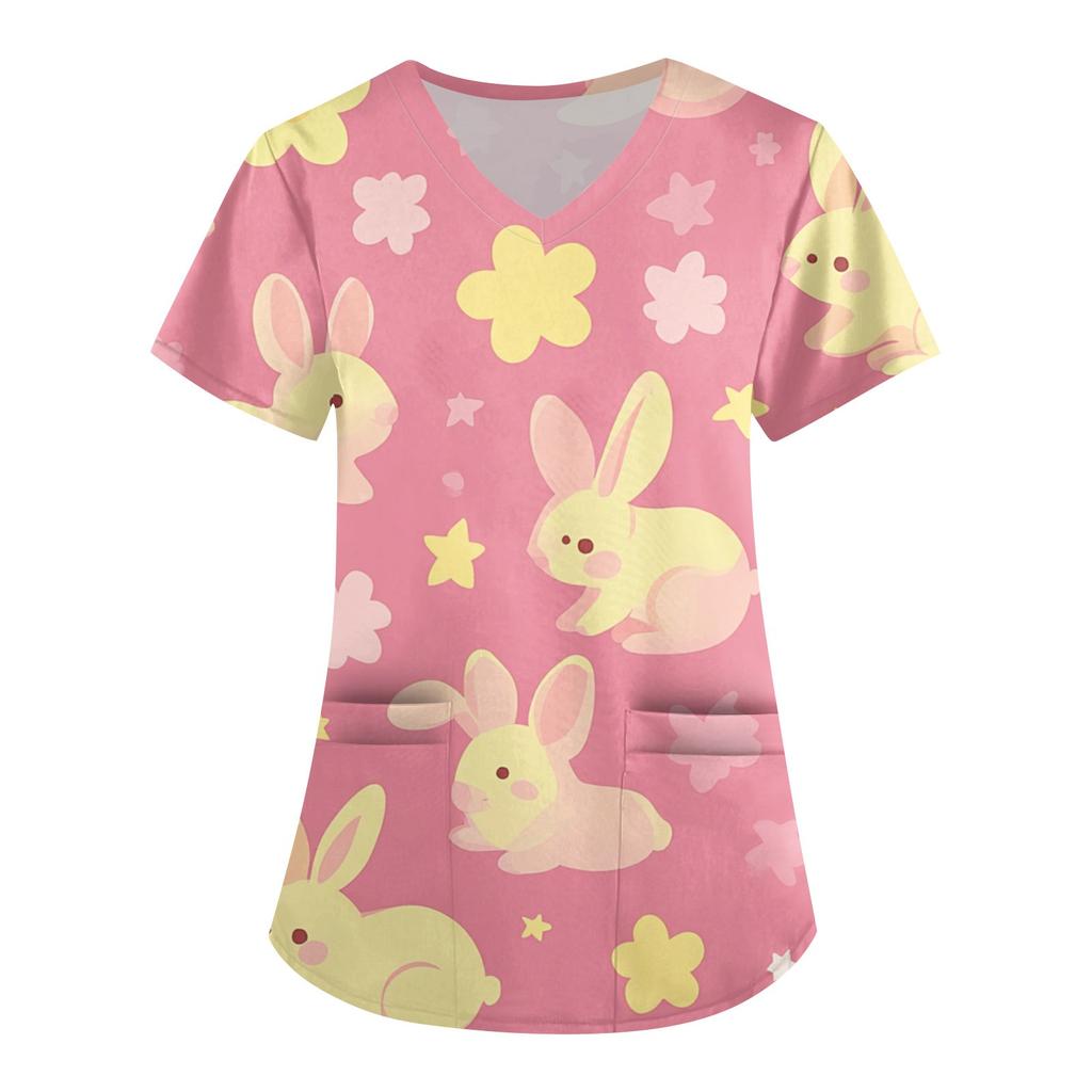 Женская модная рабочая одежда с V-образным вырезом и короткими рукавами, с карманами, с принтом в виде пасхального топа, одежда для ухода