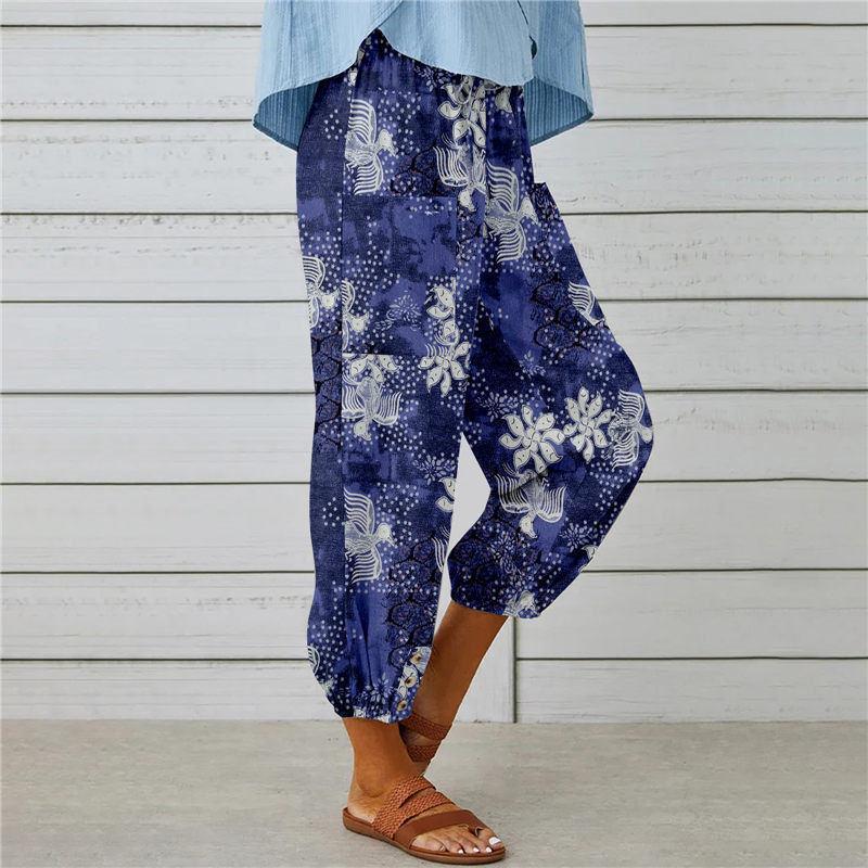 Summer Women's Pants Cotton Linen High Waist Drawstring Nine-quarter Pants Elastic Waist Bundle Foot Mouth Retro Print Pants