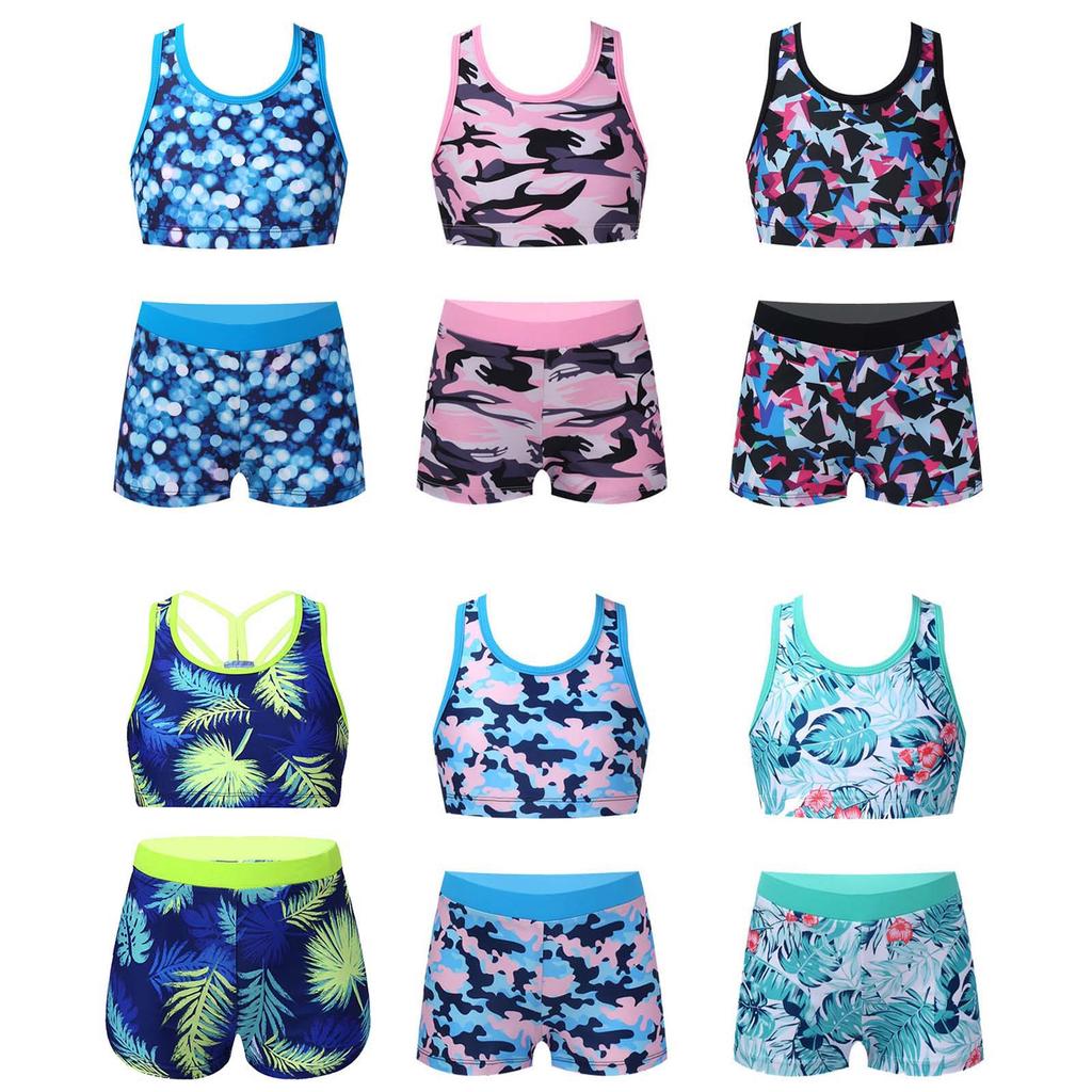 Crew Neck Patterns Printed Sleeveless Y-Shaped Back Tank Vest with Elastic Waistband Boyshorts Athletic Sets