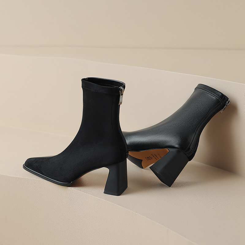 Krazing Pot Зимние ботинки из флока из микрофибры с квадратным носком, эластичные ботинки без шнуровки на высоком толстом каблуке, женские ботильоны