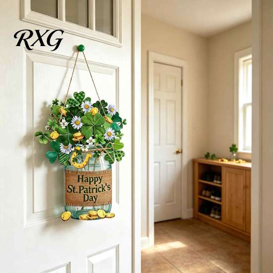 Rustic Farmhouse Porch Decoration St. Patrick's Day Wooden Door Sign, Luck Clover Green Hat Themed Hanging St Patrick Yard Sign Plaque, Decorative