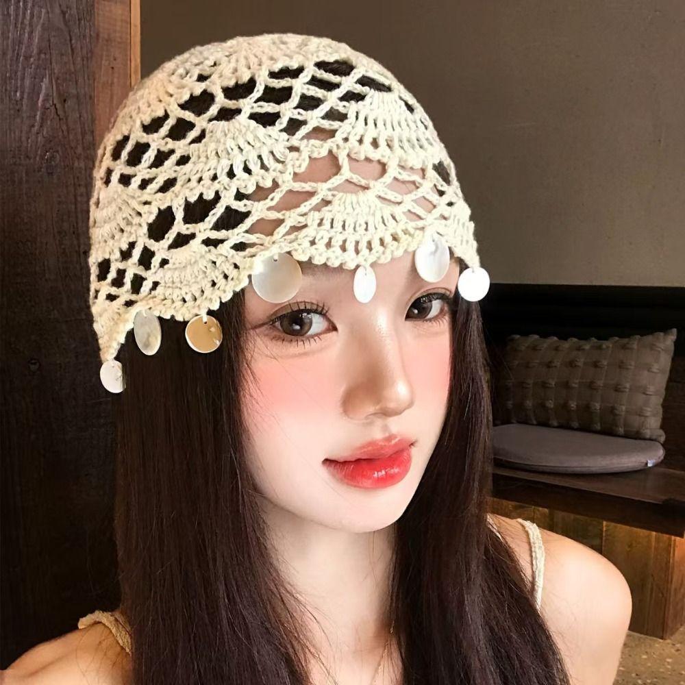 Thin Shell Tassels Hat Elegant Bohemian Style Beanies Sweet Hollowed Out Knitted Hat Spring Summer