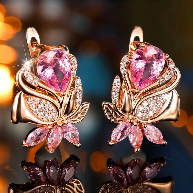 Female Pink Luxury Zircon Hoop Earrings For Women Gold Color Wedding Jewelry Daily Accessories Party Jewelry Gift For Girlfriend