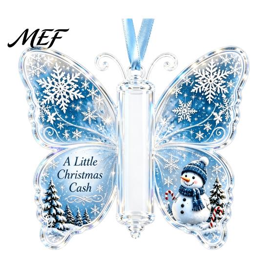 Reusable Money Holder Ornament Christmas Ornament, Acrylic Cash Hanging Decor with Vintage Tree Gift Case Butterfly Print, Holiday Party Supplies