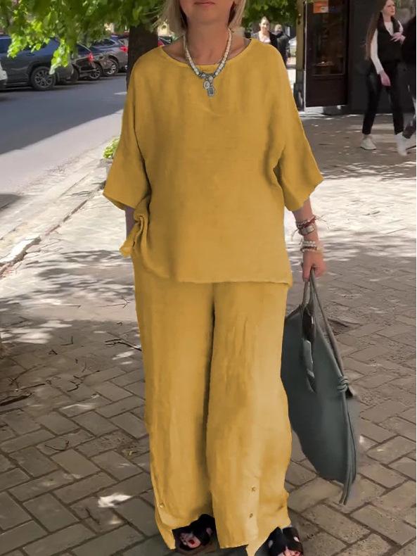 2024 Women's Cotton Linen Fashion Set: Casual Seven-Sleeve Top and Wide-Leg Pants Two-Piece Set