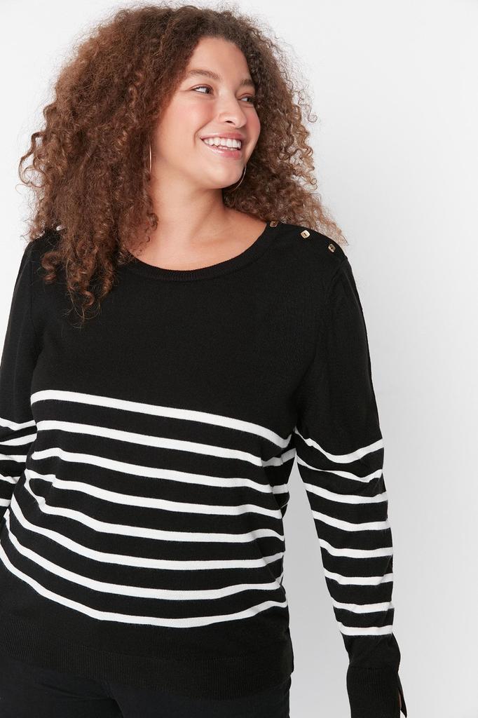 Women's Fashion Stylish Plus Size Sweater Black Striped Crew Neck Knitwear Sweater
