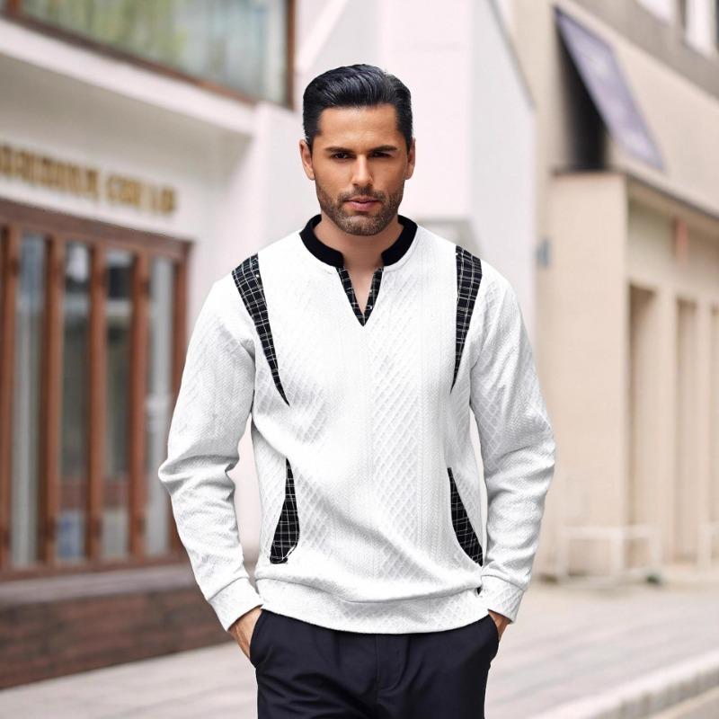 Men S V Neck Pullover Sweatshirt Long Sleeve Loose Fit Plaid Casual Top