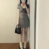 French V-neck Bow Plaid Dress for Women's Summer New Pure Desire Style Waist-packing Hip Skirt