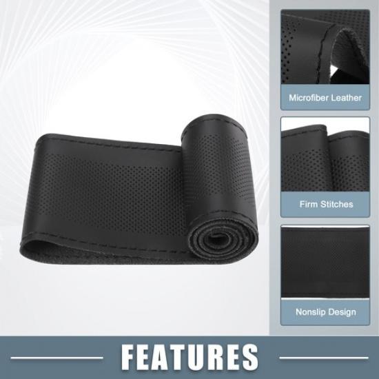 Car Hand Sewn DIY Steering Wheel Cover Set 32-35cm Microfiber Leather Black