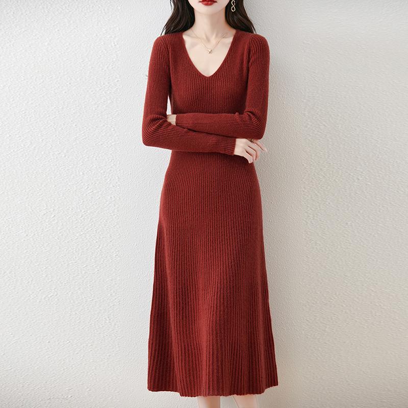 Женское платье-свитер 100% шерсть MODERN NEW SAGA V-образный вырез трикотажный длинный пуловер зимние джемперы шерстяное длинное платье женское