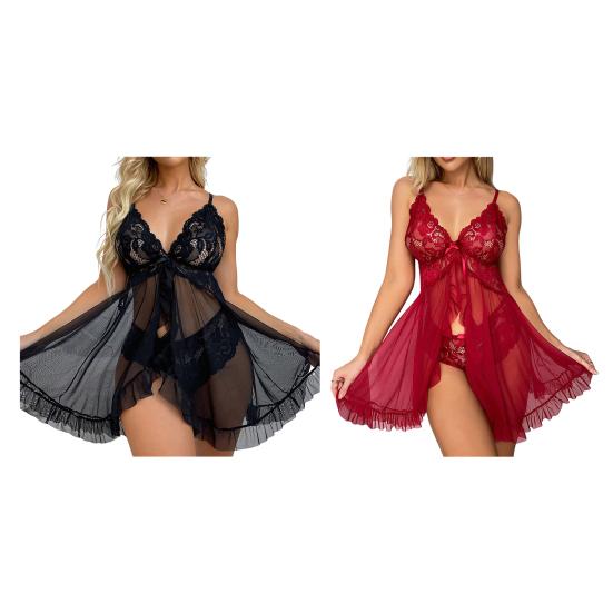 2 Pcs/Set Nightdress Panties Set Hollow Out Lace V Neck Spaghetti Strap See-through Mesh Ruffle Bow High Waist Underpants Set