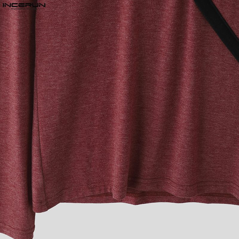 INCERUN Мужские футболки с нерегулярным вырезом, длинным рукавом, со вставками, повседневные, осенние, майки