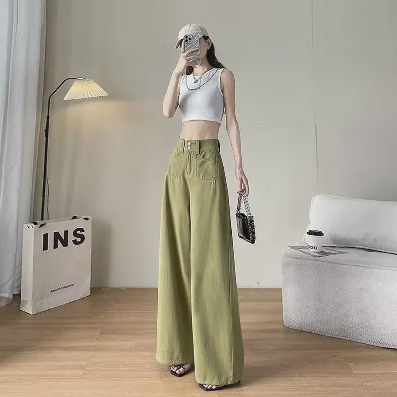 Women's High-Waist Wide-Leg Avocado Jeans - Summer Drape, Slim Straight, Floor-Length Fit, Trendy and Tall.
