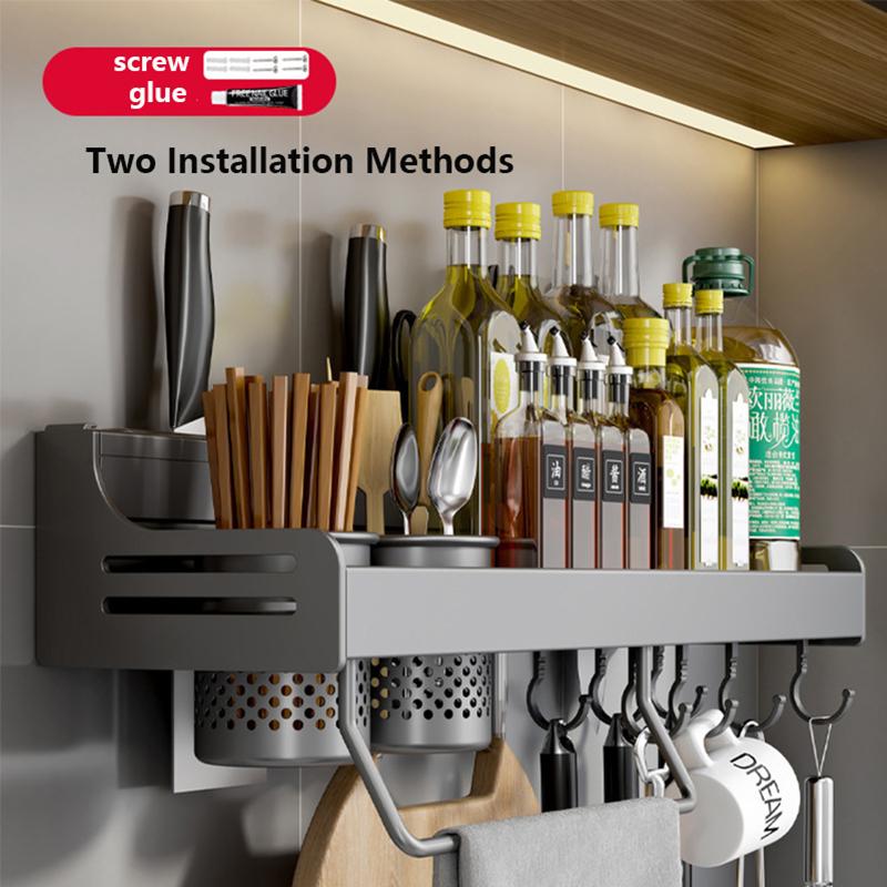 Настенные полки для хранения, алюминиевый кухонный органайзер для хранения с крючками, держатель для ножей, подставка для приправ, полка-органайзер