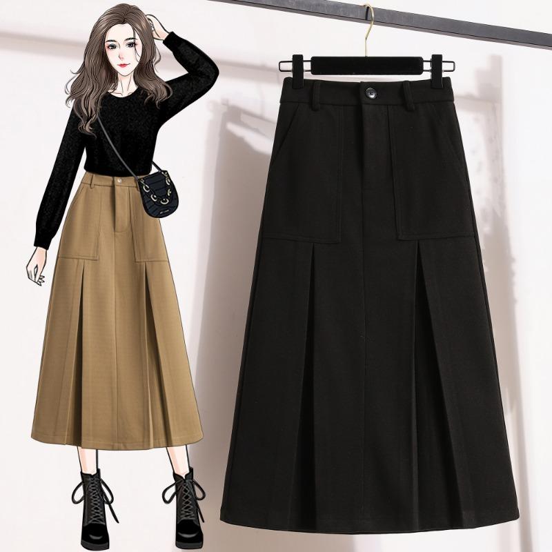 Dimanaf 2024 New Autumn Winter Plus Size Long Women Skirts Solid A-Line Oversize Lady Elegant High Waist Pleated Skirts