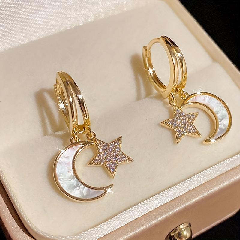 Huitan Fancy Star Moon Drop Earrings for Women Gold Color Aesthetic Wedding Bridal Jewelry White Enamel Accessories Inlaid CZ