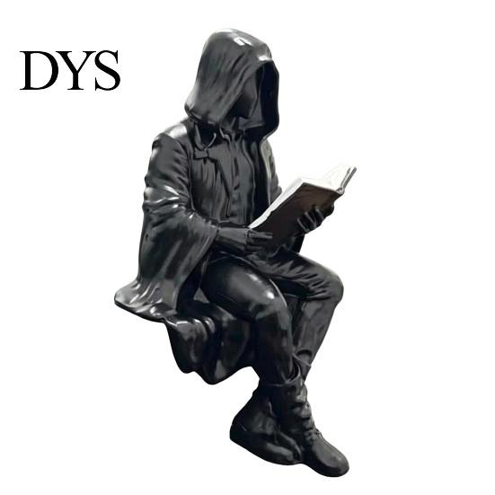 Темная Броская Фигурка Готическая Фэнтези Читающая Фигурка, Загадочная Фигура в Капюшоне Скульптура, Скульптура из Смолы Сидящая Статуя Жнеца для Книжной Полки,
