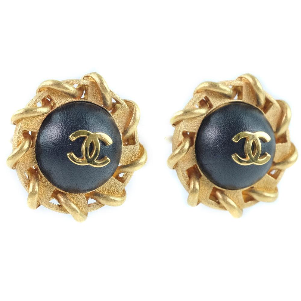 CHANEL COCO Mark Earring gold/black Plated Gold/leather 24.1g Women Used