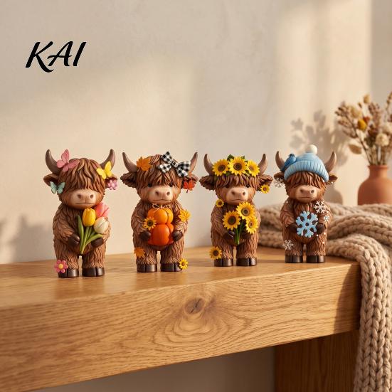 Cute Desk Decor for Office 4 Pcs Seasonal Highland Cow Figurines, Spring Summer Fall Winter Unique Gift Friends Seasons Scottish Statue, Resin