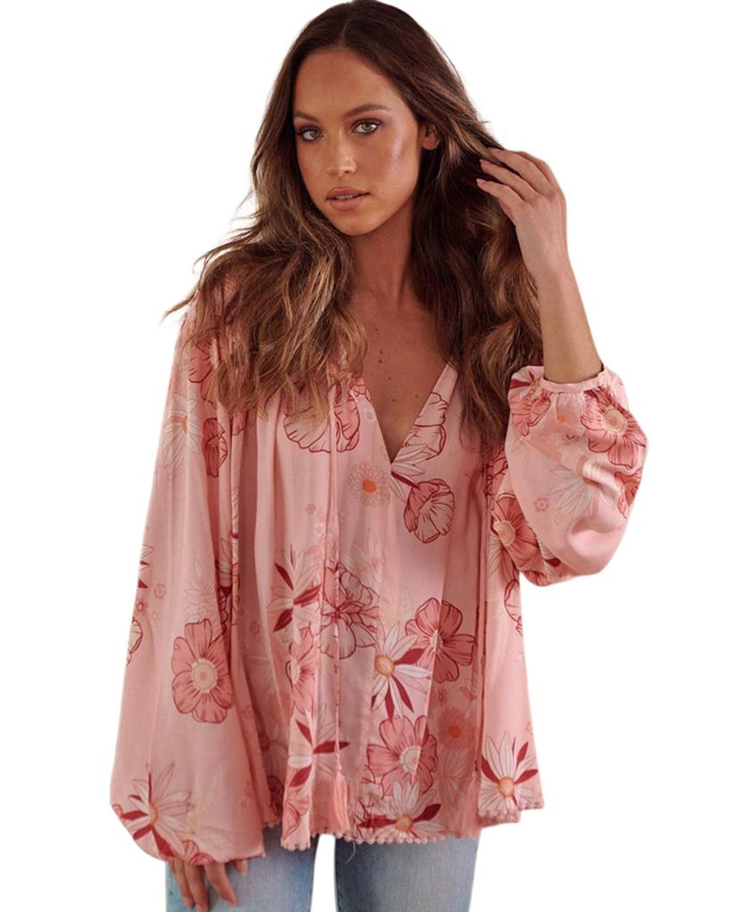 Azura Exchange Multicolor Floral Tasseled V Neck Puff Sleeve Blouse