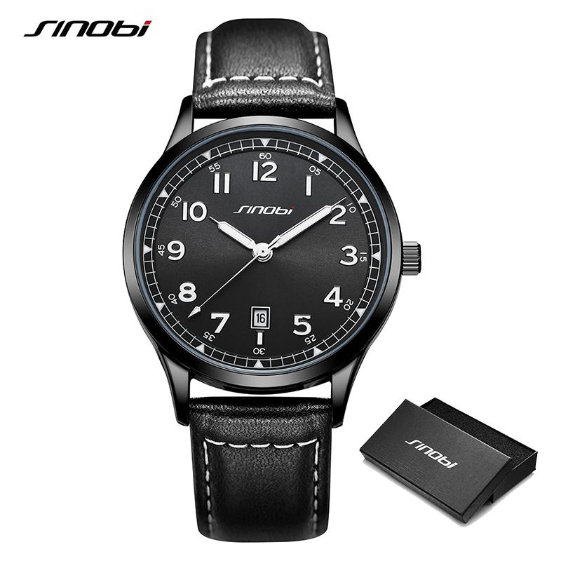 SINOBI Модный дизайн, мужские часы, оригинальные кожаные ремешки, мужские кварцевые наручные часы, лучшие роскошные мужские лучшие подарки, светящиеся часы