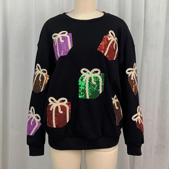 Women Christmas Sweatshirt Sequin Gift Box Pattern Colorful Round Neck Long Sleeve Loose Mid Length Pullover Party Holiday Top