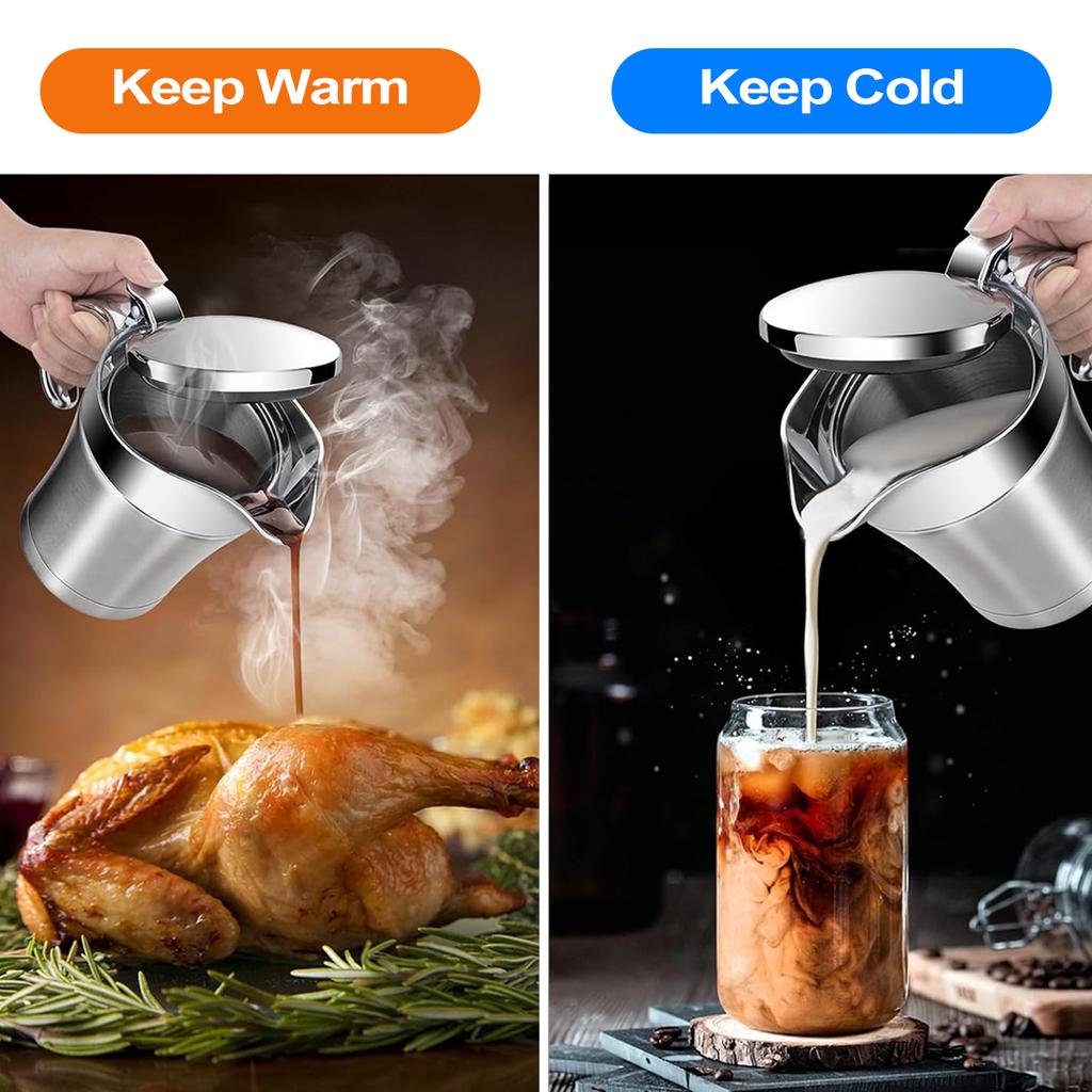 Соусница Leeseph, кувшин для соуса из нержавеющей стали 304 с двойной изоляцией и крышкой, кухонное хранилище для подливки, сливок, молока