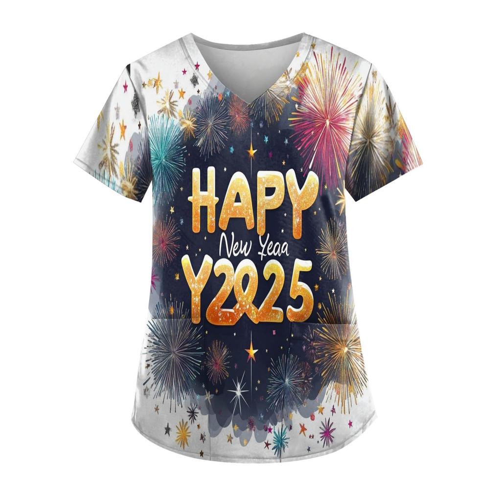 Женская модная новогодняя футболка с короткими рукавами, V-образным вырезом и маленьким карманом