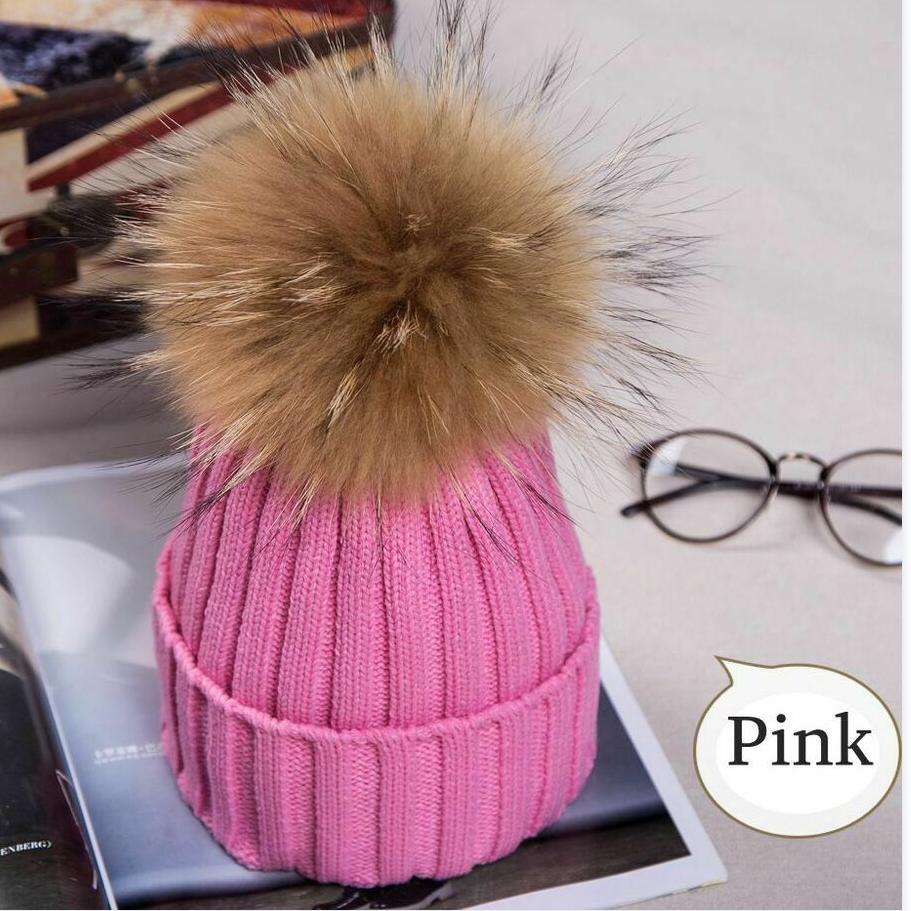 2023Hot Women Winter Racoon Fur Pom Pom 15cm Ball Knit Beanie Ski Cap Bobble Hat