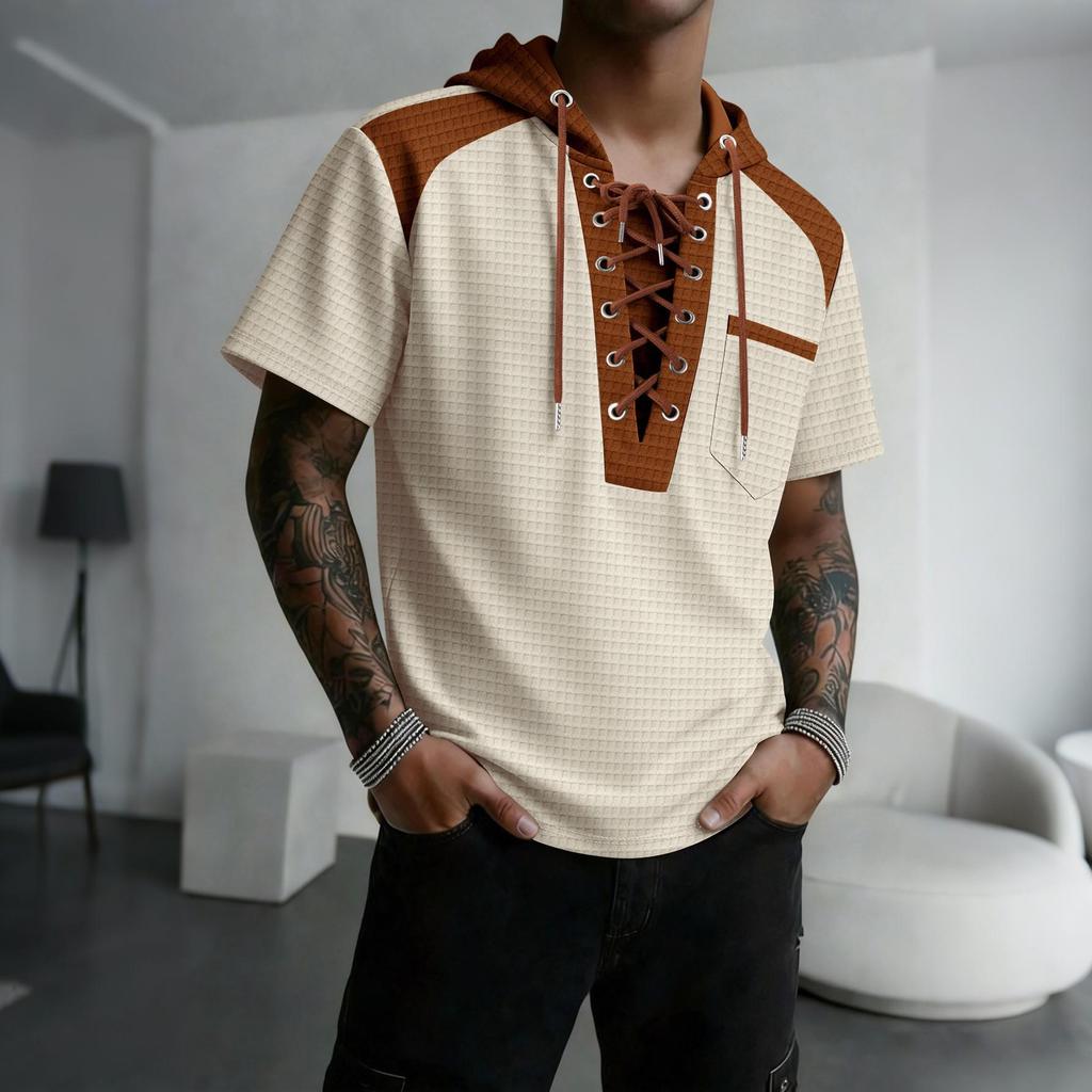 Мужская толстовка-футболка с коротким рукавом в клетку и цветовыми блоками