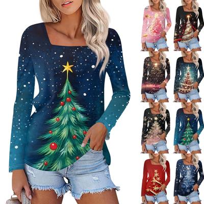 Женская модная повседневная рубашка с длинными рукавами и рождественским принтом с квадратным вырезом и длинными рукавами