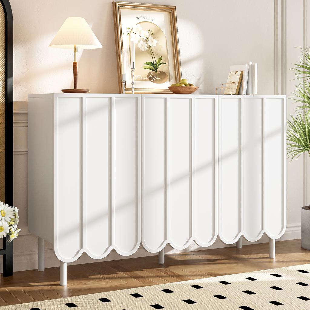 Modern White Sideboard with Wave Doors – 120x35x80 cm – Handleless, Adjustable Shelves – Storage for Living Room, Hallway & Dining Room