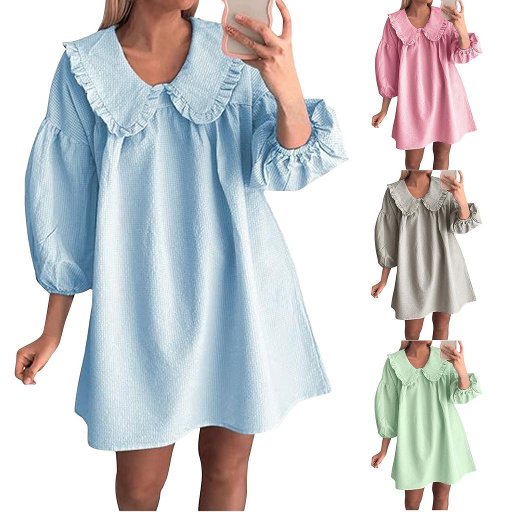 Women's Fashionable And Casual Puff Sleeve Lapel Doll Collar Loose Dress