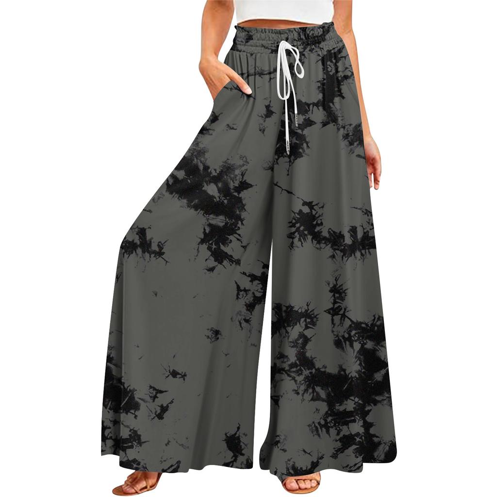 Женские летние широкие брюки с высокой талией и струящимися карманами, модные повседневные повседневные пляжные брюки в богемном стиле с принтом