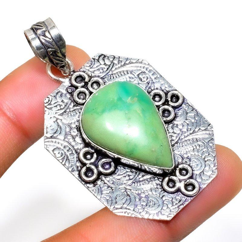 Chrysoprase Gemstone 925 Silver Plated Handmade Jewelry Pendant 2.08"