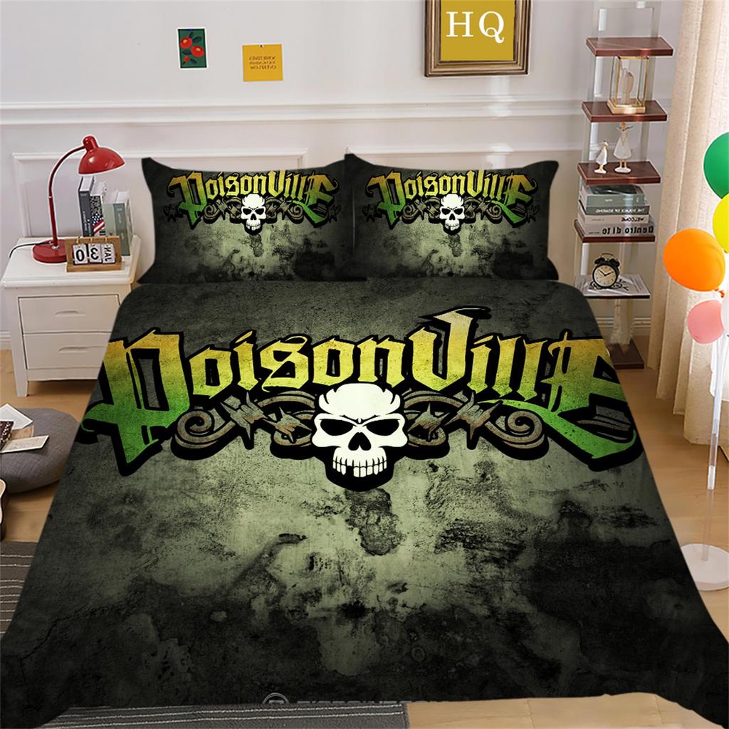 3D Horror Patterned Printed Bedding Set with Skull Head Pattern Down Duvet and Pillowcase 2/3 Pieces Halloween Festive Atmosphere Home Decoration