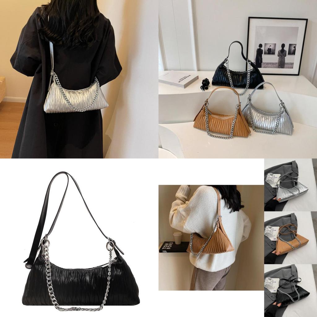 Stylish Korean Women's Pleated Shoulder Bag 2023 Trendy Pu Leather Chain Strap