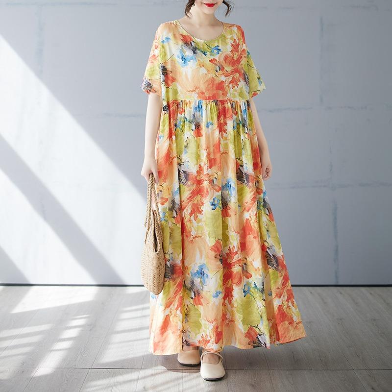 Летнее Новое Простое Богемное Длинное Платье Увеличенного размера с Коротким Рукавом и Круглым Вырезом с Принтом Женская Одежда