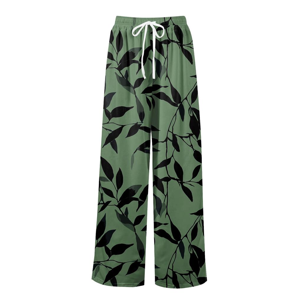 Women's Loose Casual Floral Print Wide Leg Pants With Elastic Waist Drawstring And Pocket Pants