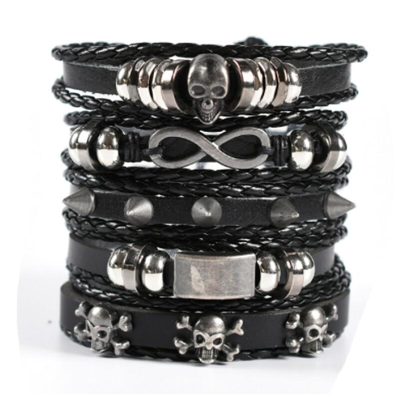 Eif Dock Vinatge Gothic Punk Skull Star Metal Multilayer Leather Bracelet Men Bracelets & Bangles Male Arm Jewelry