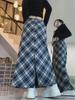Синяя клетчатая бархатная юбка с высокой талией и тонкими краями для женщин - миниатюрная, с разрезом, осень/зима 2024 г.