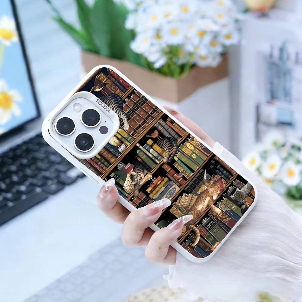 Винтажная книжная полка Кот Чехол для телефона Для iPhone17, 16,15,14,13,12 Pro Max белый Конфетный Матовый Ударопрочный Чехол