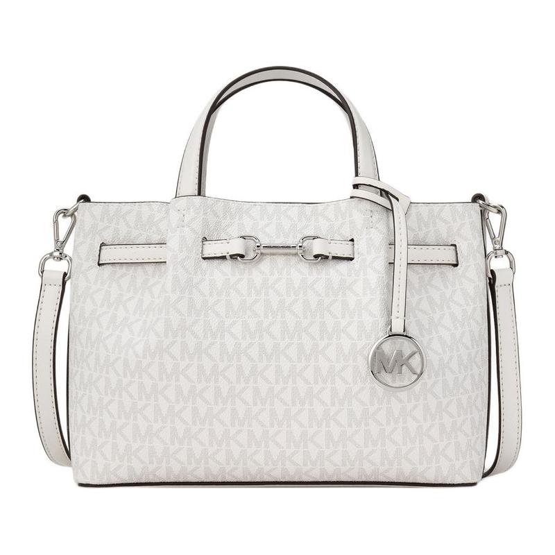 Michael Kors Carson Серебристый Металлический Логотип Шарм Холщовая Сумка с Покрытием Маленькая Женская Белая