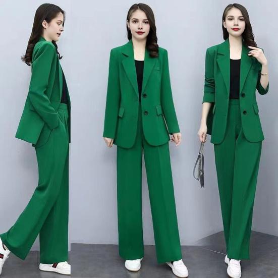Spring Autumn Thin Section Blazer Women's Lapel Button Section Jacket + Casual Straight Trousers Two Piece Set