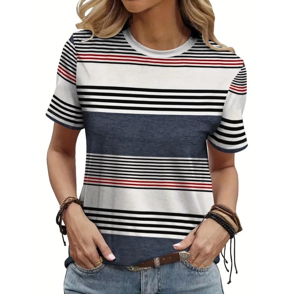 Fashion Women's T-Shirt Stripe Splicing Woman T-Shirt Summer Round Neck Short Sleeve Tops Loose Casual Loose Oversize Clothing