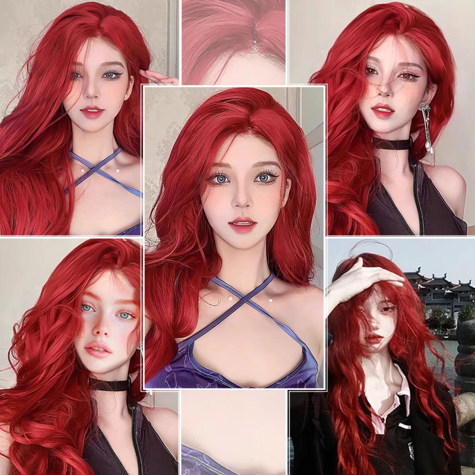 WTB Красный Длинные Вьющиеся Волосы Синтетический Парик Женский Новый Лоб Кружева Сексуальные Горячие Челки Большие Волны Длинные Вьющиеся Волосы Парик