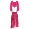 Womens Belly Dance Costume V Neck Lace Up 3/4 Tulle Flare Sleeve Crop Top Sequin Beaded Chiffon Skirt